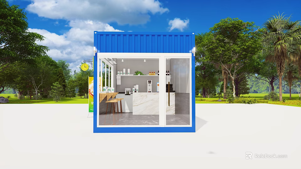 Blue Shipping Container Coffee Shop Design With Glass Windows Bar Counter And Green Trees 3d model 