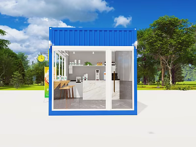 Blue Shipping Container Coffee Shop Design With Glass Windows Bar Counter And Green Trees 3d model