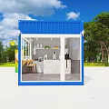 Blue Shipping Container Coffee Shop Design With Glass Windows Bar Counter And Green Trees