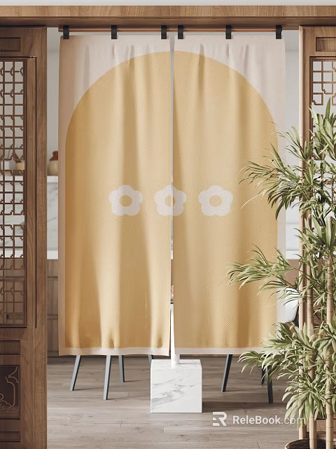 Yellow Curtains With White Flower Patterns Japanese Style Surrounded By Green Plants And Wooden Elements 3d model 
