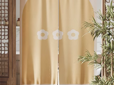 Yellow Curtains With White Flower Patterns Japanese Style Surrounded By Green Plants And Wooden Elements 3d model