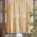 Yellow Curtains With White Flower Patterns Japanese Style Surrounded By Green Plants And Wooden Elements