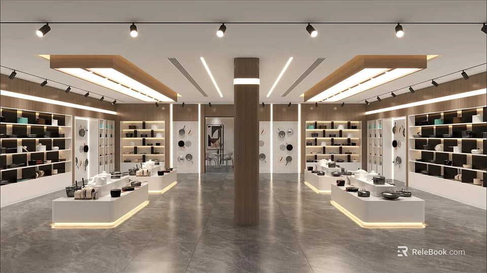 Modern Specialty Store Interior With Spacious Layout Shelves Display Items And Modern Lighting 3d model