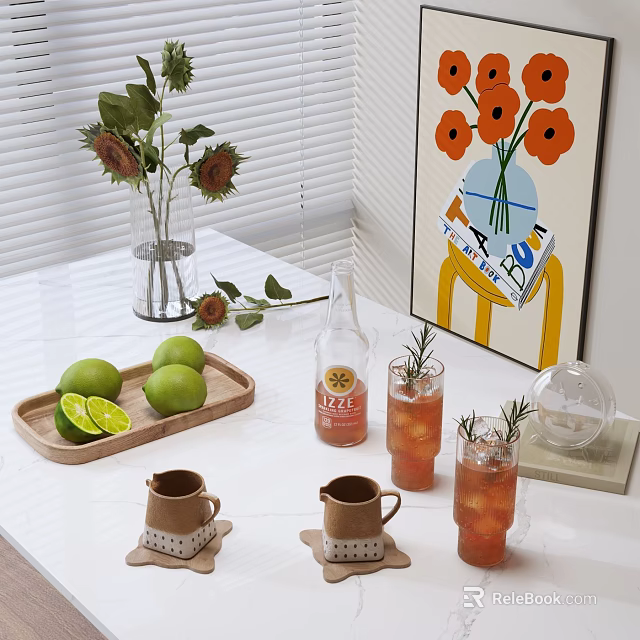 Tea Set on White Table with Limes Tray Glasses Rosemary and Floral Painting 3d model 