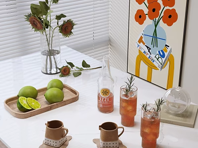 Tea Set on White Table with Limes Tray Glasses Rosemary and Floral Painting 3d model