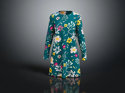 Elegant Dark Green Floral Long Sleeve Dress With Yellow White Pink Flowers 3d model