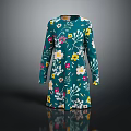 Elegant Dark Green Floral Long Sleeve Dress With Yellow White Pink Flowers