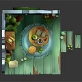Cartoon Cozy Room With Wooden Shelf Round Window Green Vines Small Table Chair And Potted Plants