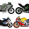 Showcasing Four Different Stylish Motorcycles with Colorful Designs and Sporty Styles