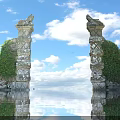 Ornate Carved Stone Pillars With Green Vines And Reflection In Calm Water Under Blue Sky