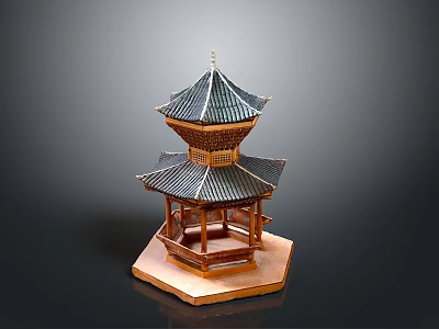 Traditional Chinese Double tiered Pavilion With Tiled Roof And Wooden Structure On Hexagonal Base 3d model