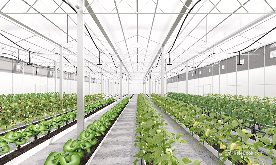Industrial Plant Interior Design With Rows Of Green Plants Metal Frame And Ceiling Lights 3d model 