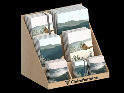 Clairefontaine Notebooks Stacked In Cardboard Display With Mountain Landscape And Cabin Design 3d model