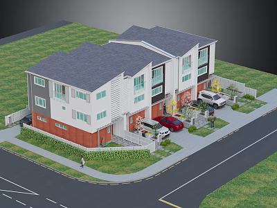 Modern Two Story Residential Building With White Brown Exterior Lawn And Parked Cars 3d model