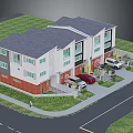 Modern Two Story Residential Building With White Brown Exterior Lawn And Parked Cars