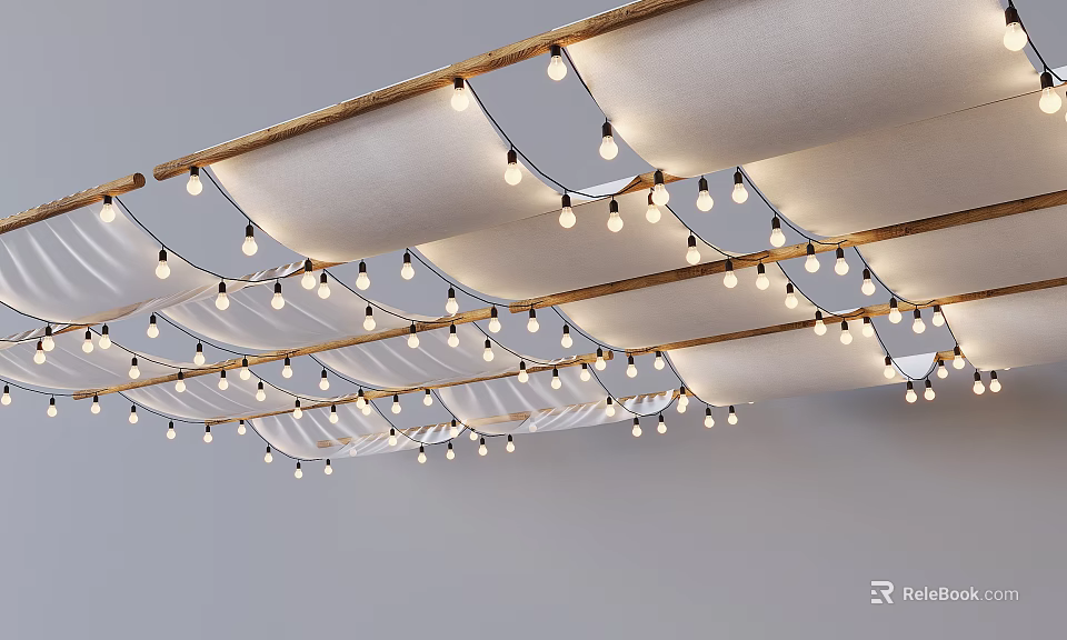 Cozy Tent Interior With Layered White Fabric And Hanging String Lights 3d model