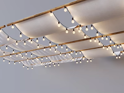 Cozy Tent Interior With Layered White Fabric And Hanging String Lights 3d model