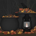 Vintage Candle Lantern in Autumn Decorative Scene with Black Cauldrons and Fall Leaves