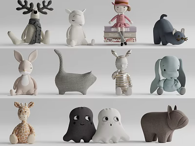 Cute Animal Shaped Stuffed Plush Toys In Various Colors Soft Fabric Kids Room Decor 3d model