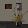 Interior Decor With Black Vase Dried Branches Yellow Plants Small Tower Model And Dark Painting