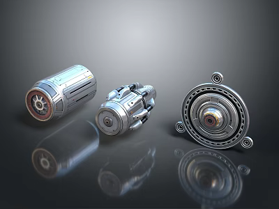 Three Metallic Mechanical Components With Gear Circular Structure And Industrial Design 3d model