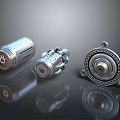 Three Metallic Mechanical Components With Gear Circular Structure And Industrial Design