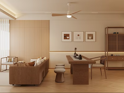 Modern Wooden Living Room Interior With Sofa Dining Table Ceiling Fan And Framed Artworks 3d model