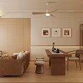 Modern Wooden Living Room Interior With Sofa Dining Table Ceiling Fan And Framed Artworks