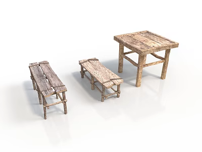 Rustic Wooden Table And Benches Set With Natural Wood Texture And Simple Design 3d model