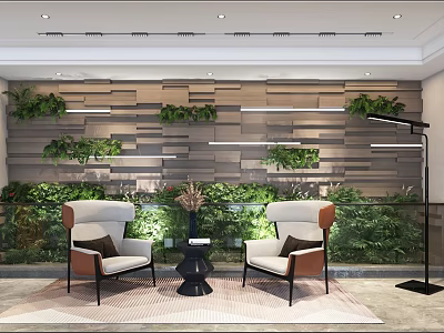 Modern Living Room Sofa Background Wall With Wooden Panels Green Plants And Armchairs 3d model