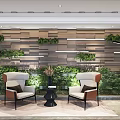 Modern Living Room Sofa Background Wall With Wooden Panels Green Plants And Armchairs