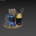 Stylish Kitchen Utensils With Olive Oil Bottles Pepper Grinders Wooden Spoons And Green Herbs On Decorative Tray