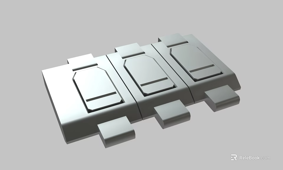 Three Silver Rectangular Metal Components With Grooves And Protrusions Arranged Together 3d model 