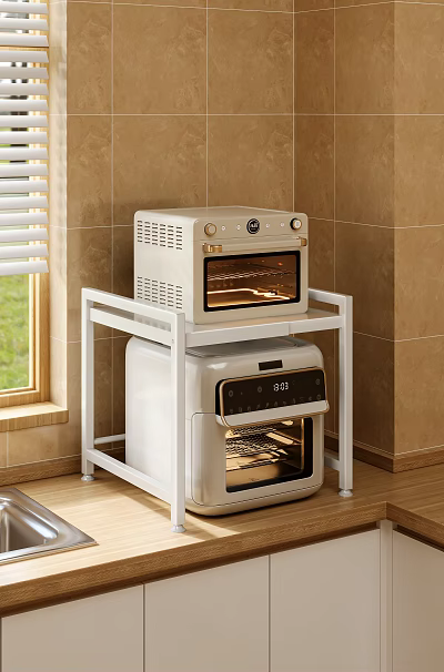 White Two Tier Kitchen Storage Rack With Oven And Microwave Appliance Combination 3d model