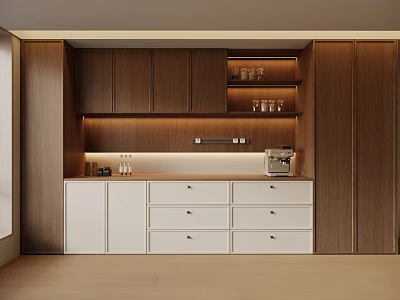 Modern Sideboard with Wooden Cabinets White Countertop Drawers Open Shelves Glassware and Coffee Machine 3d model