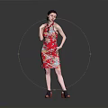 Woman Posing in Red Floral Qipao with Hand on Waist and Neck Against Gray Background