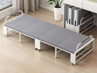 Foldable Single Bed With Gray Mattress And Metal Frame On Wheels 3d model