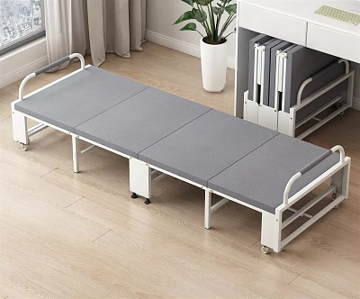 Foldable Single Bed With Gray Mattress And Metal Frame On Wheels 3d model