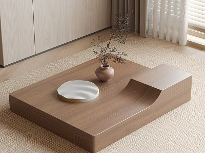 Wooden Coffee Table with White Plate Brown Vase and Dried Flowers on Beige Carpet 3d model