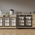 Modern Kitchen Storage Cabinet With Transparent Doors Plates Bowls Coffee Maker Kettle And Green Apples