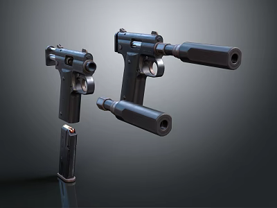 Black Tactical Pistols With Silencers And Ergonomic Grips On Dark Background 3d model