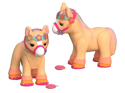 Adorable Light Brown Toy Pony Dolls With Floral Headbands Pink Hooves And Comb 3d model
