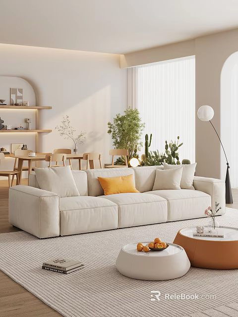 Modern Beige Sofa and Coffee Table Set with Orange Cushion Green Plants and Floor Lamp 3d model 