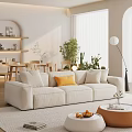 Modern Beige Sofa and Coffee Table Set with Orange Cushion Green Plants and Floor Lamp