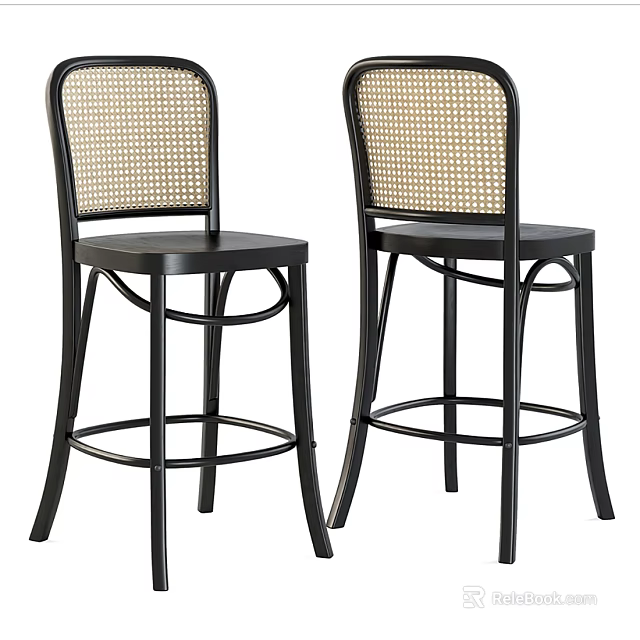 Set of Two Black Modern Bar Stools With Woven Backrest And Metal Legs 3d model 