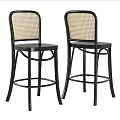 Set of Two Black Modern Bar Stools With Woven Backrest And Metal Legs