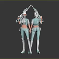 Game Movie Female Character In Teal Outfit Holding Rifles With Helmet And High Heels