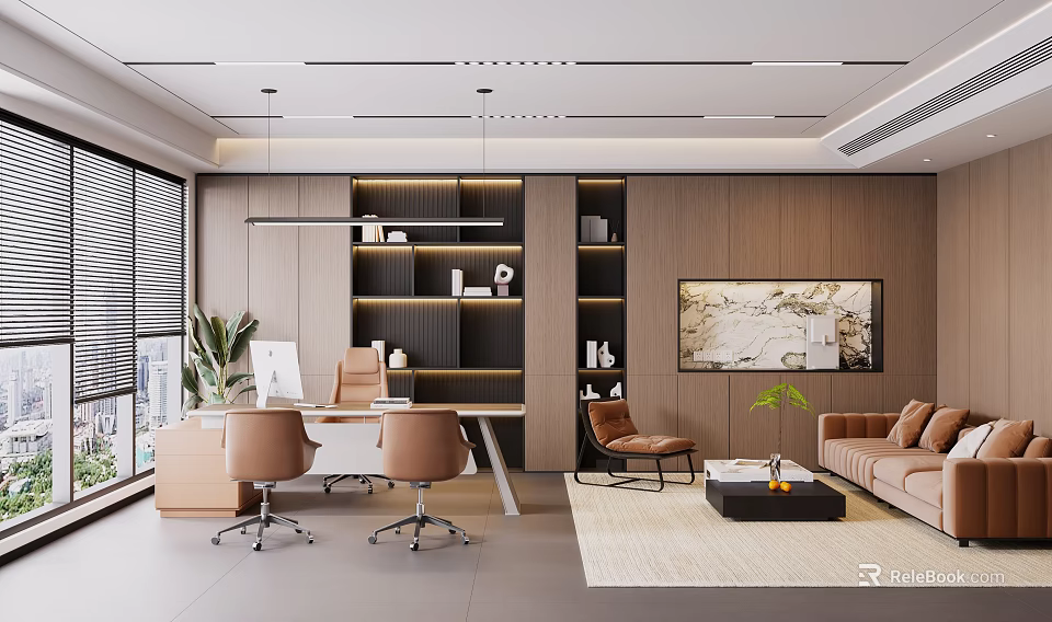 Modern Office Interior Design With Desk Chairs Sofa Green Plants And Bookshelf 3d model 