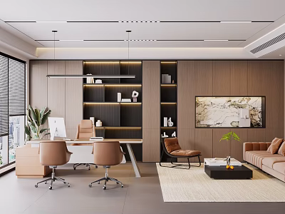 Modern Office Interior Design With Desk Chairs Sofa Green Plants And Bookshelf 3d model