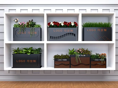 Decorative Garden Planters On Multi Tier White Shelves With Various Plants And Flowers 3d model